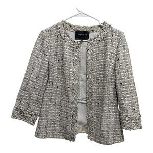 Lafayette 148 New York Tweed Open Front Jacket Blazer Fringe Trim
